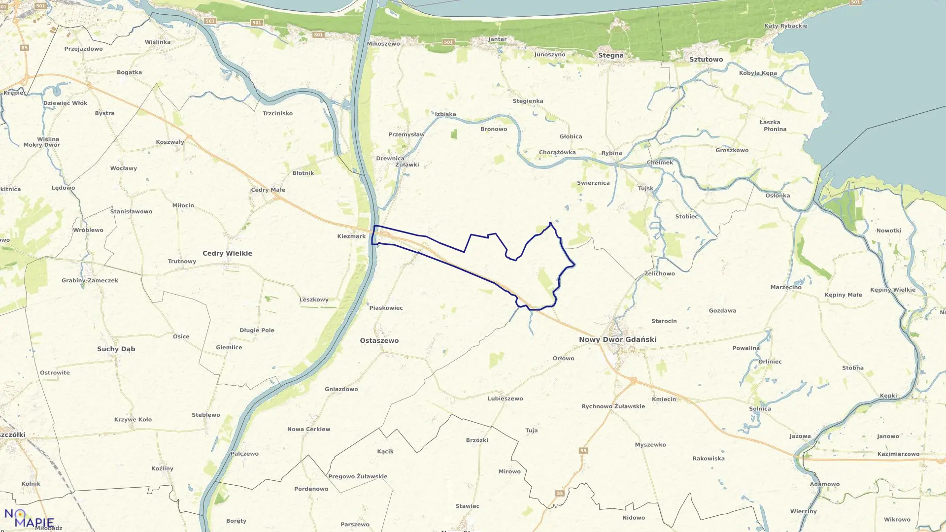 Mapa obrębu Dworek w gminie Stegna