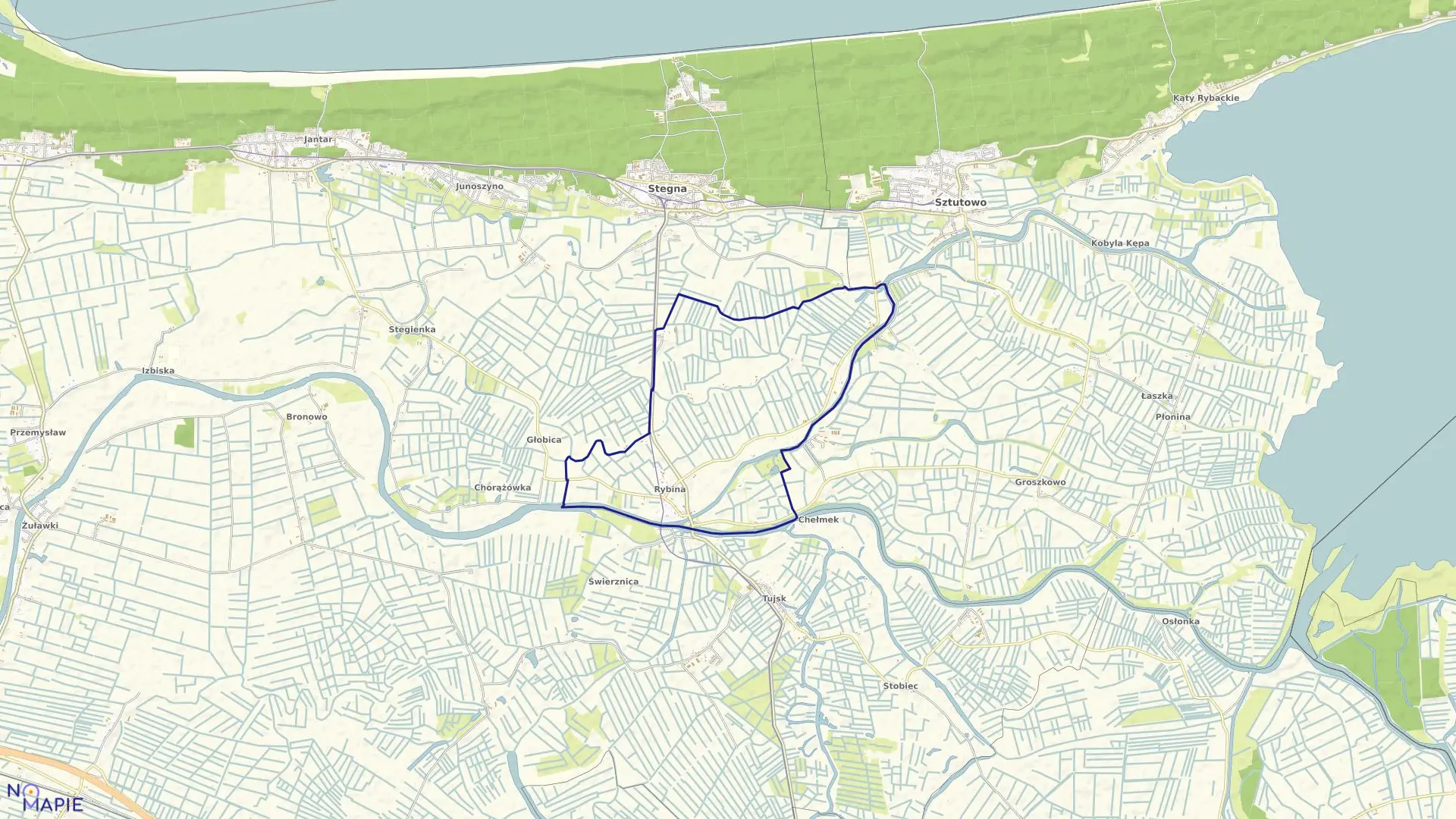 Mapa obrębu Rybina w gminie Stegna